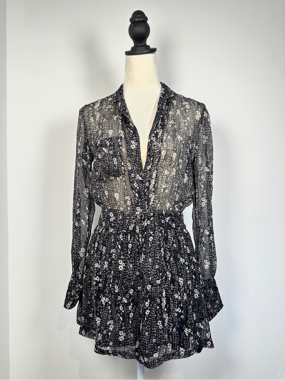 100% Silk Floral Sheer Romper Dress Boho Mini